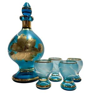 Vintage 1960s Bohemian Crystal Decanter Bottle and Glasses (4) Set - Czech